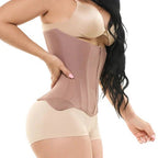 Stella's Corset high-back waist cincher vest in taupe, made of Powernet with cotton lining. Features double closure for adjustable tummy control.
