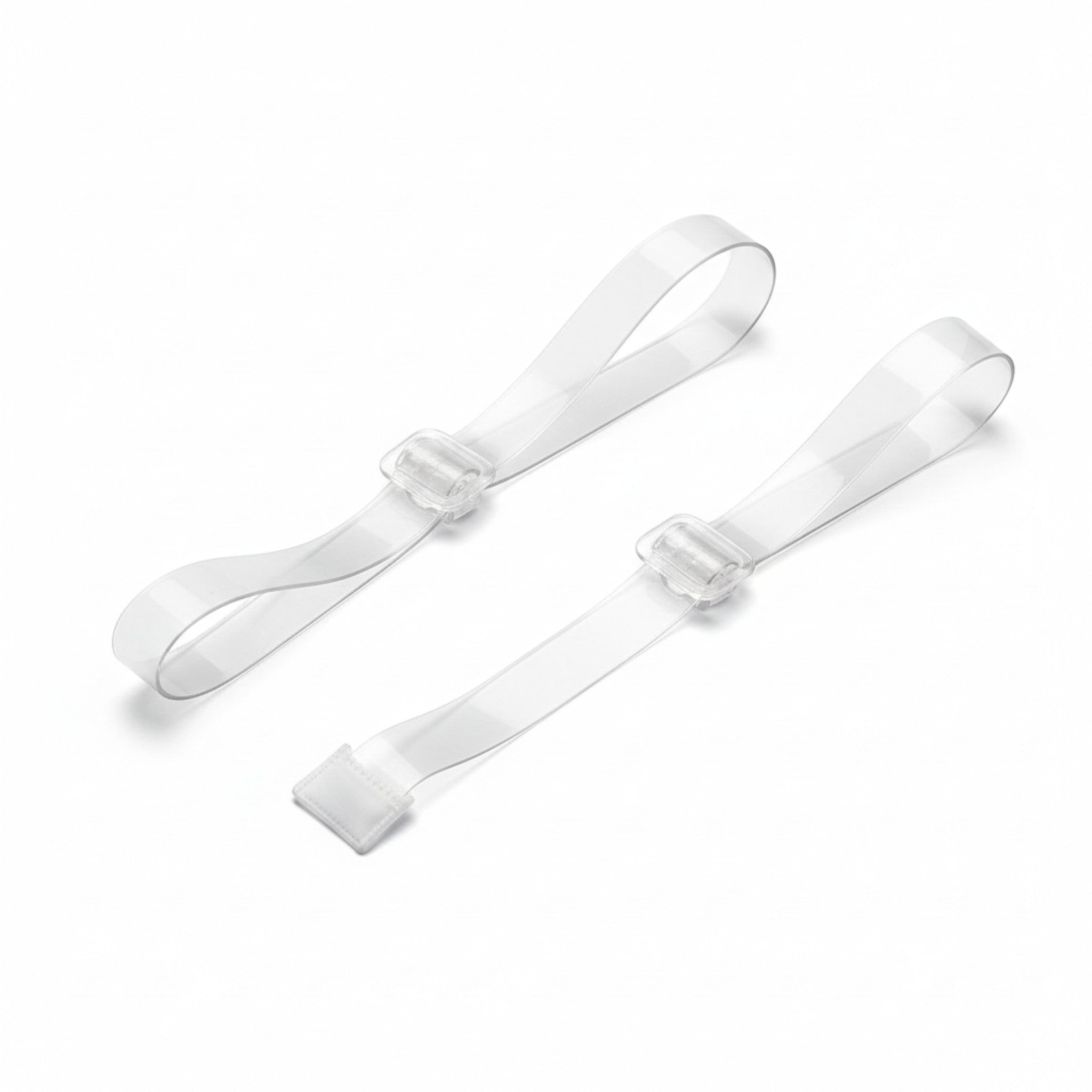 Stella's Corset Invisible Clear Bra Straps made of transparent silicone with adjustable clear plastic sliders and metal hooks.