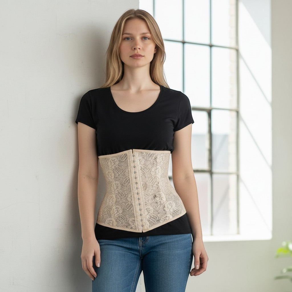 Stella's Corset beige lace latex waist cincher corset with orthopedic support and hook closure.