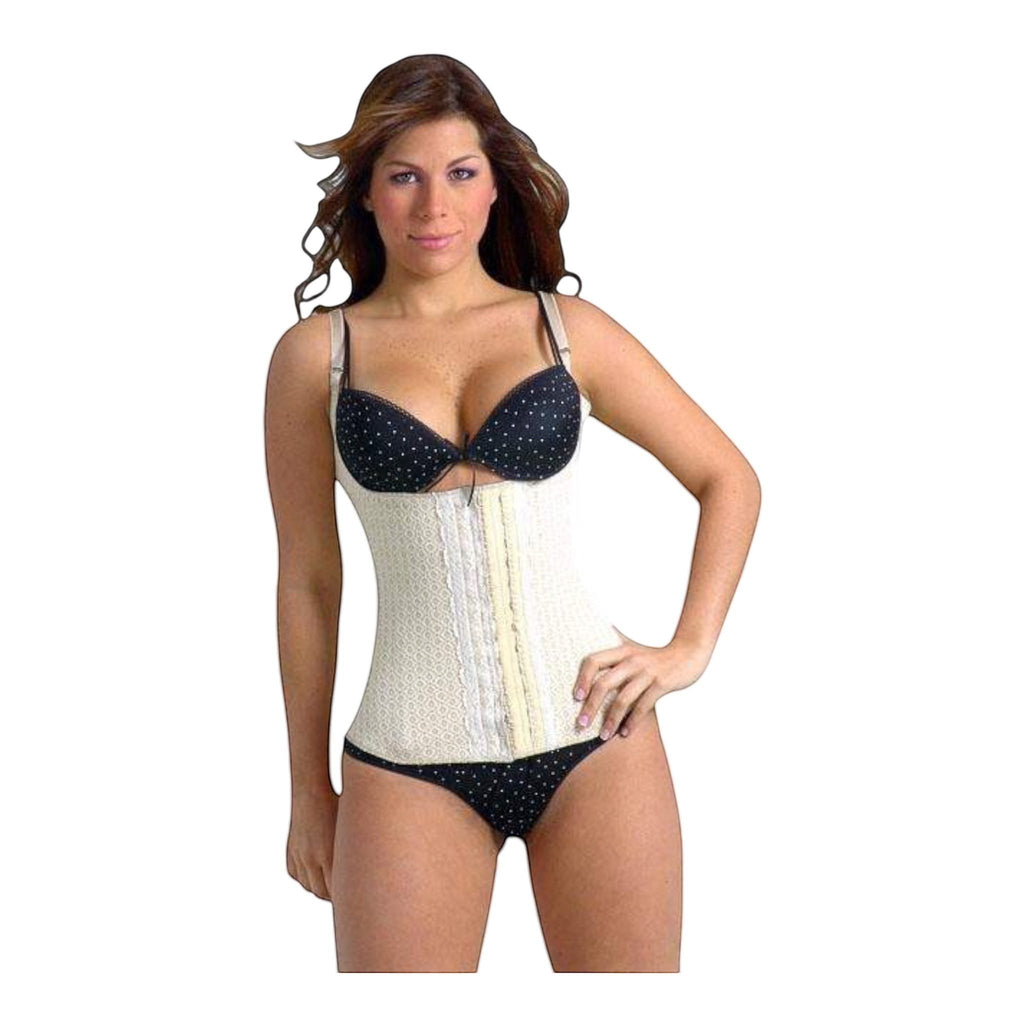 Stella's Corset beige latex waist cincher vest with high-back orthopedic support and front hook-and-eye closure.