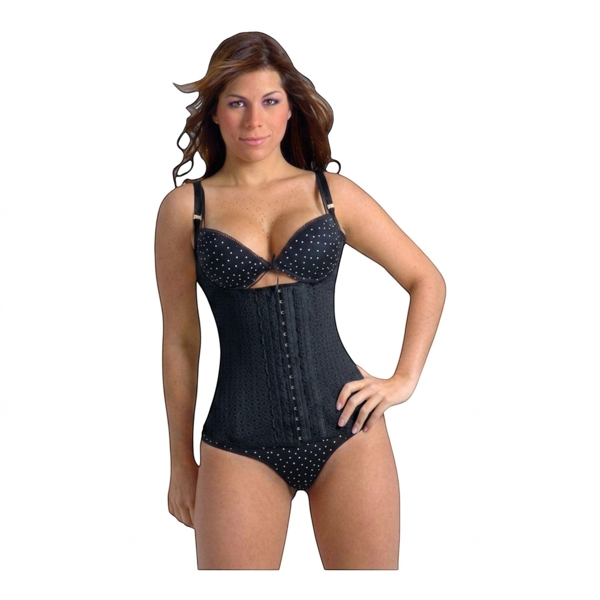 Stella's Corset black latex waist cincher vest with high-back orthopedic support and hook-and-eye closure.