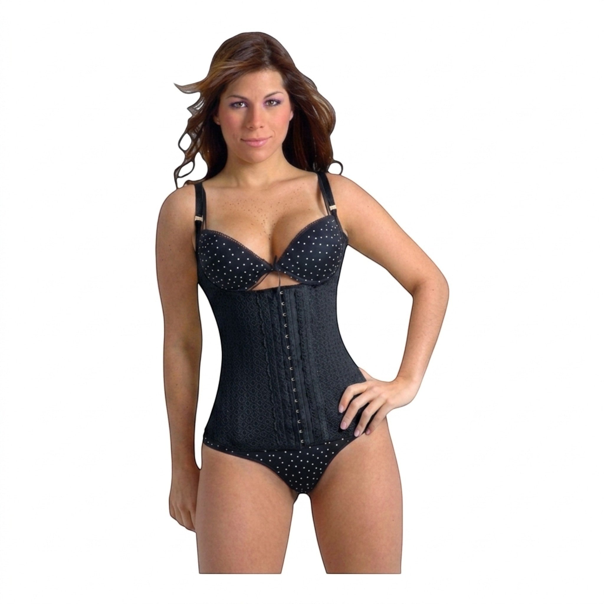 Stella's Corset black latex waist cincher vest with high-back orthopedic support and hook-and-eye closure.