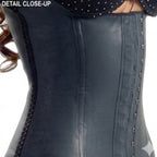 Stella's Corset dark grey latex vest shaper with hook-and-eye closure for high-compression waist and back support.