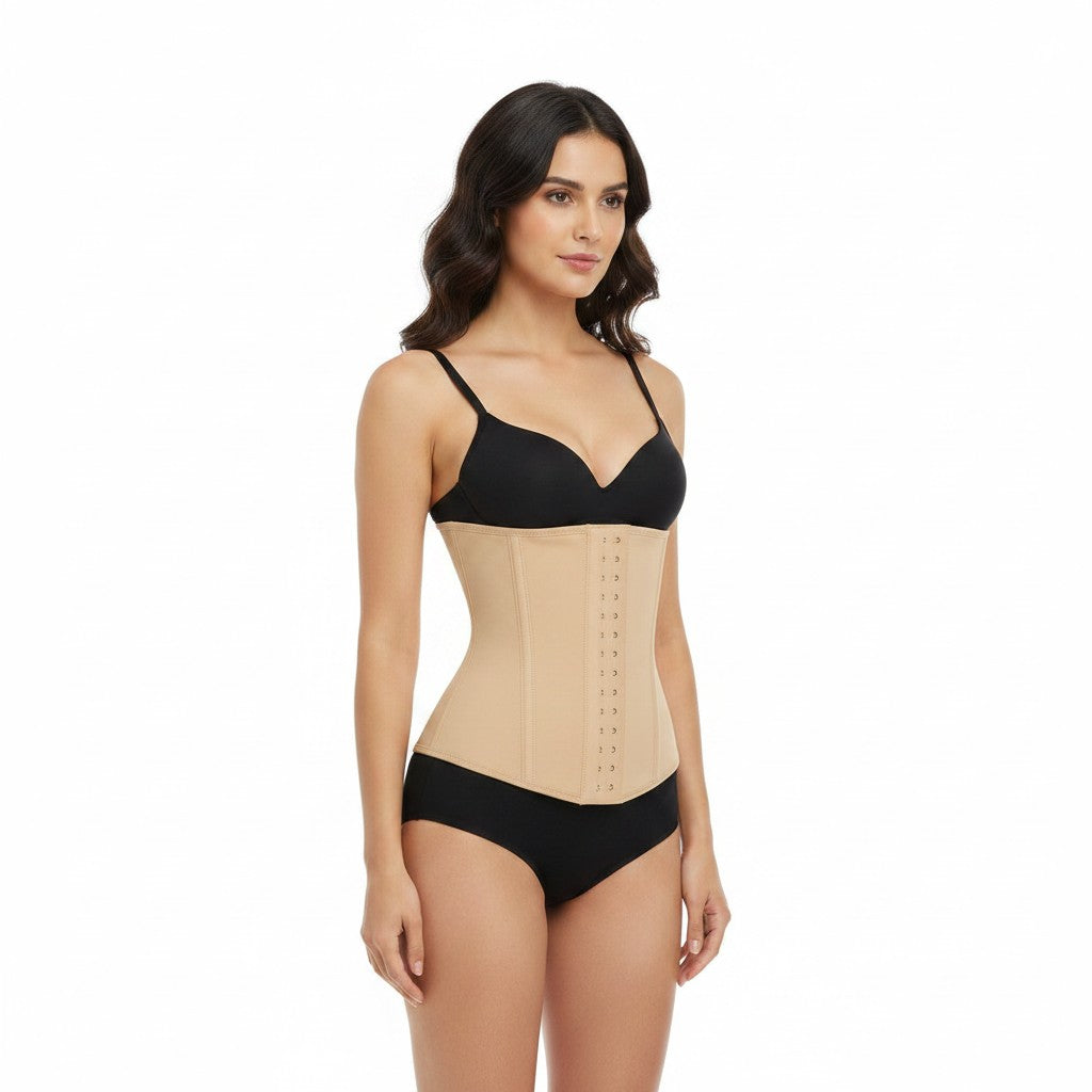 Stella's Corset beige latex waist trainer belt with hook-and-eye closure for hourglass shape and posture support.