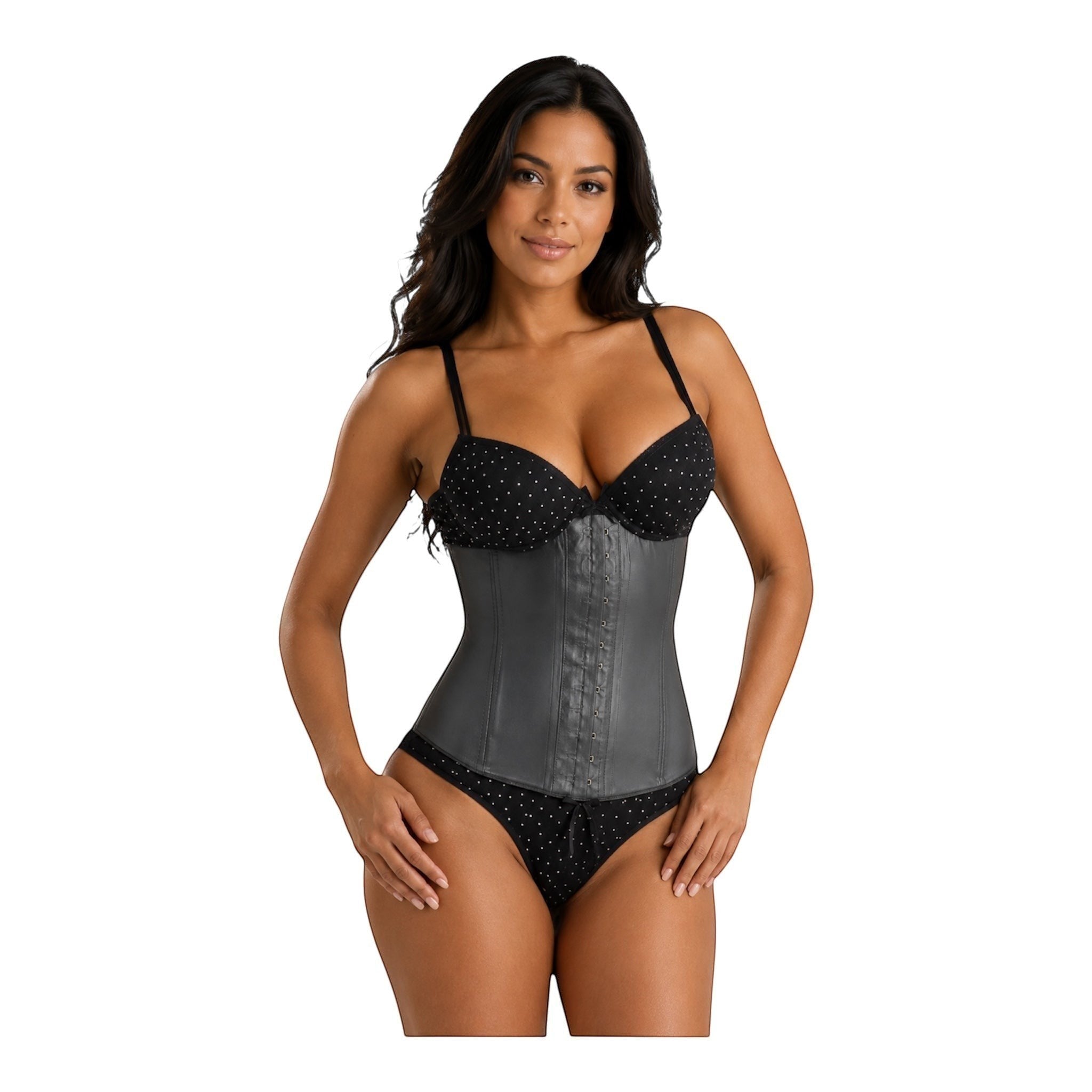 Stella's Corset grey latex waist trainer belt with hook-and-eye closure for hourglass shape and posture support.