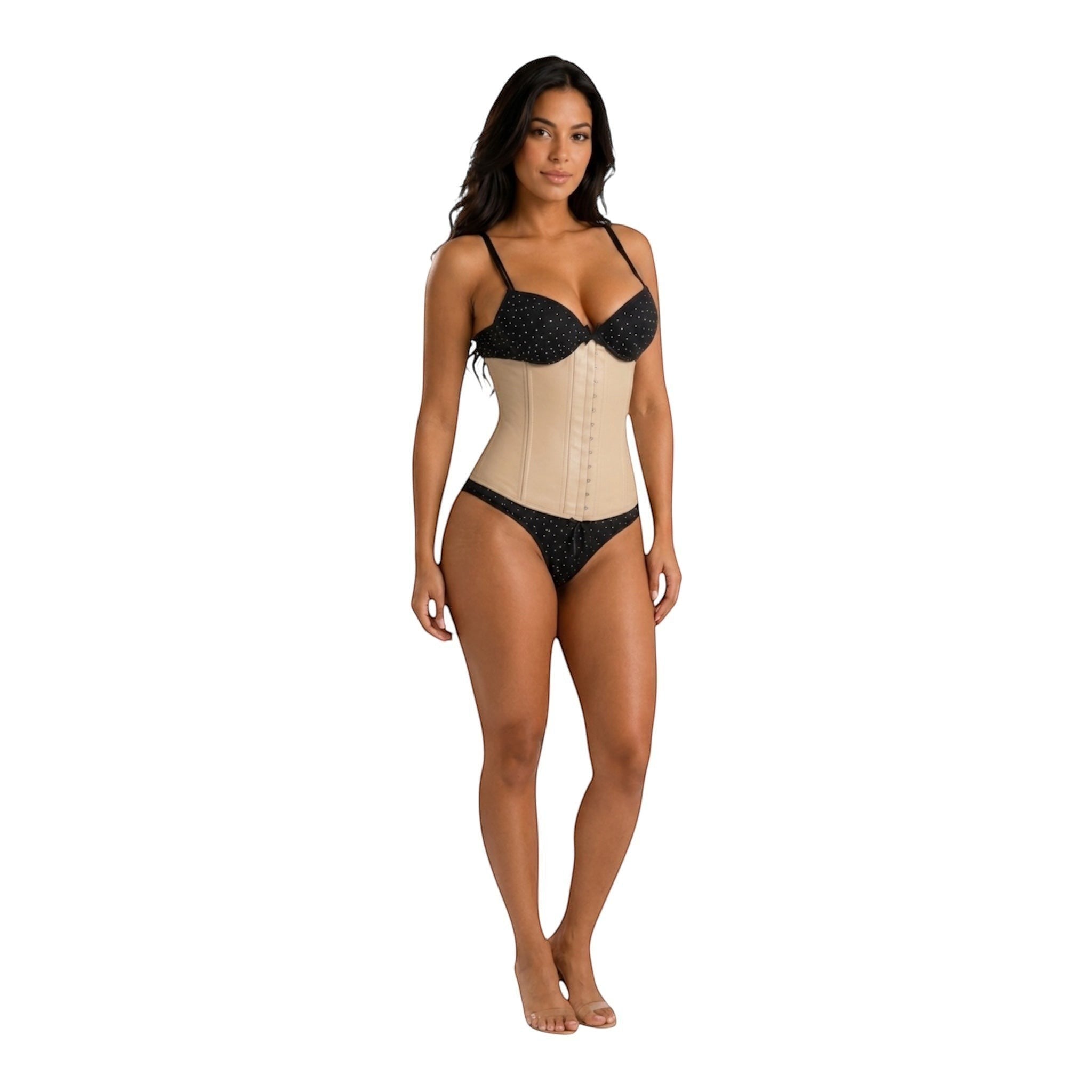 Stella's Corset beige latex waist trainer belt with adjustable hook-and-eye closure and steel boning for hourglass shape.