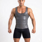 Stella's Corset Men's grey latex slimming orthopedic vest with hook-and-eye closure and zipper.