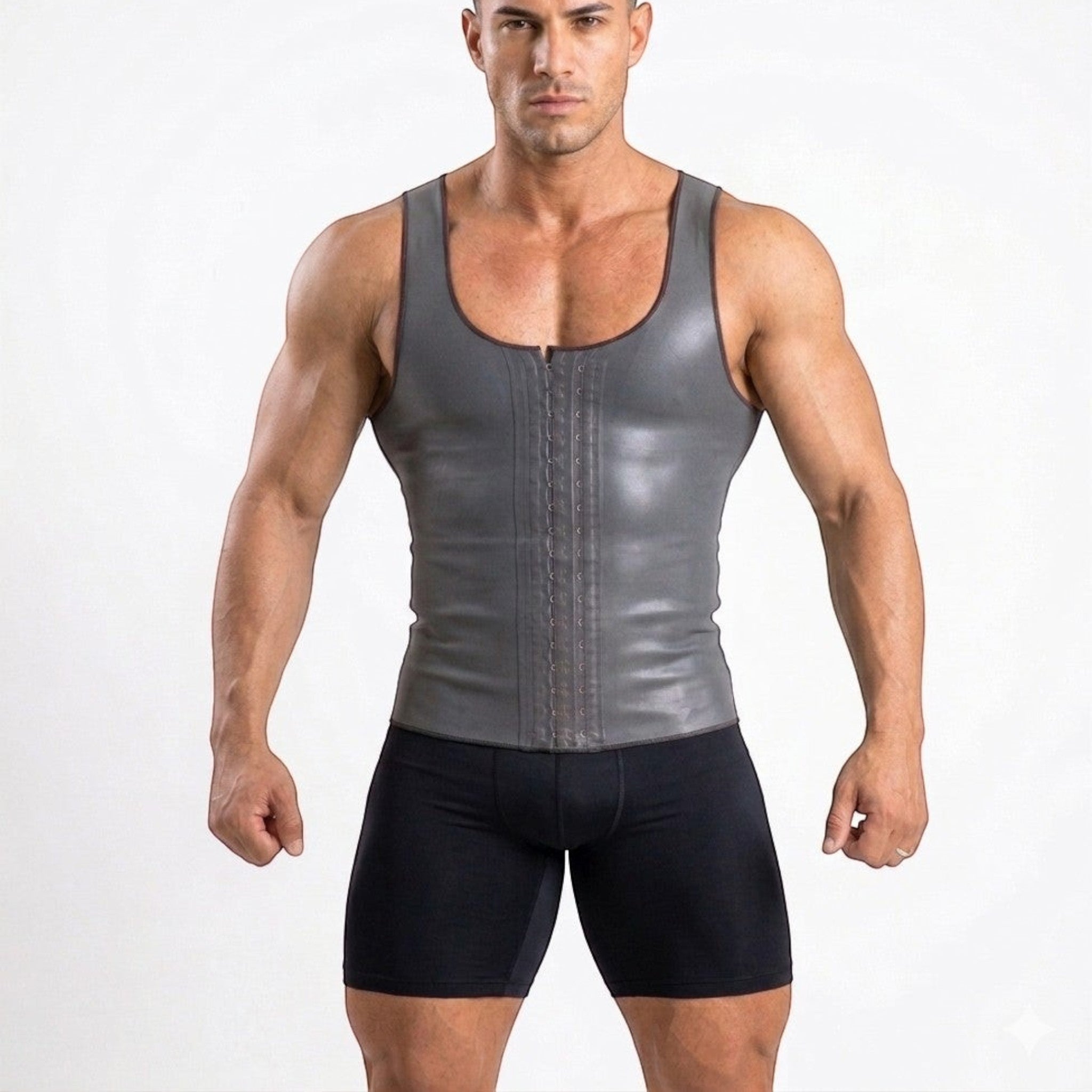 Stella's Corset Men's grey latex slimming orthopedic vest with hook-and-eye closure and zipper.