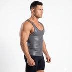 Stella's Corset grey latex slimming orthopedic vest with front hook-and-eye closure for men. High-compression core shirt.