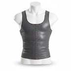 Stella's Corset Men's grey latex slimming orthopedic vest with hook-and-eye closure for core support and posture correction.