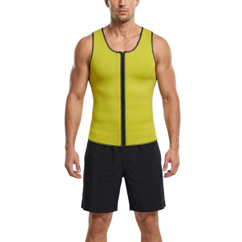 Stella's Corset Men's Neoprene Slimming Vest in lime green with black zipper and trim. High-waist compression for workouts.