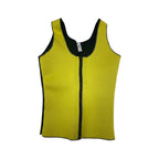 Stella's Corset Men's Neoprene Slimming Vest in bright yellow with black trim and zipper. High-waisted tummy control.