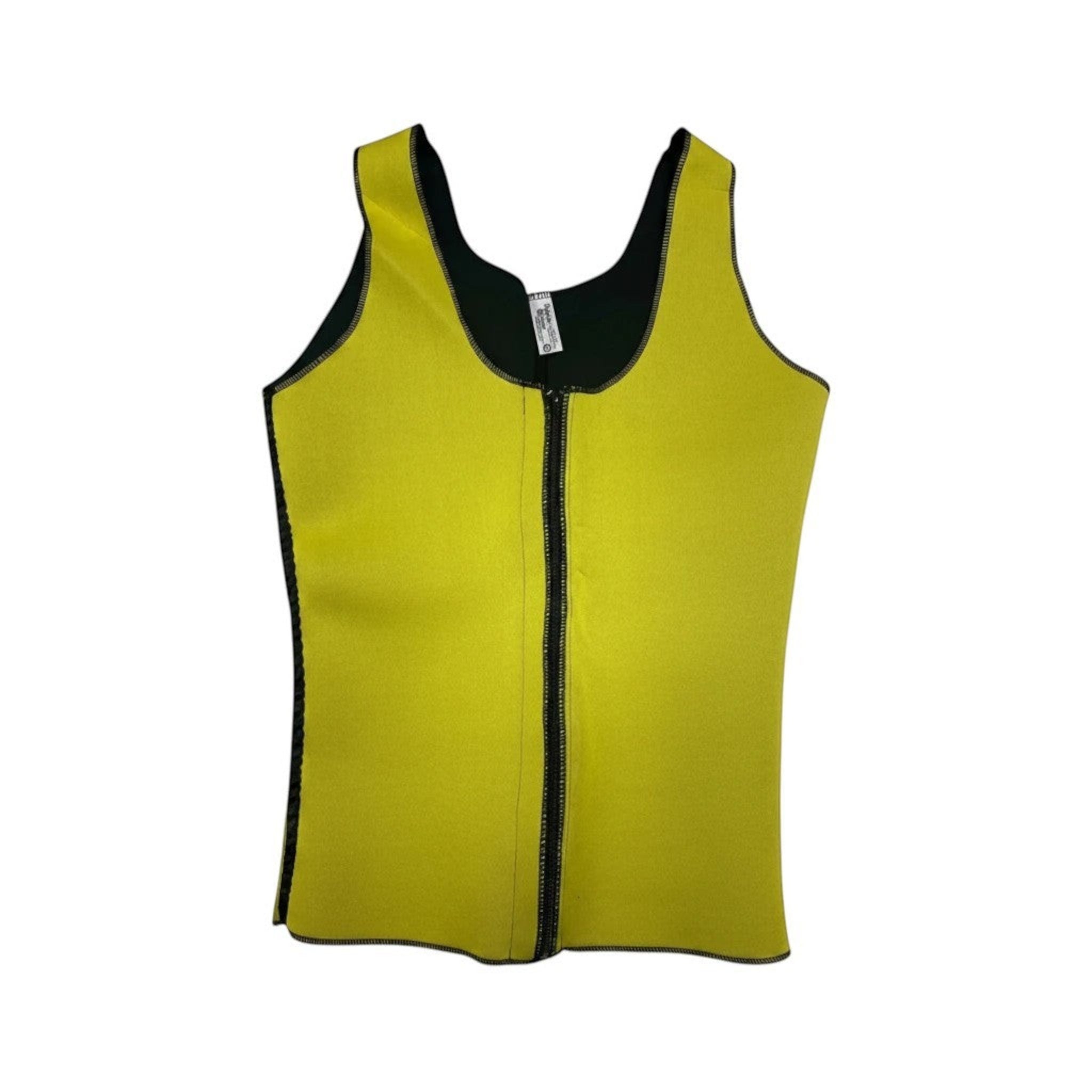 Stella's Corset Men's Neoprene Slimming Vest in bright yellow with black trim and zipper. High-waisted tummy control.