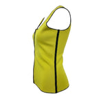 Stella's Corset Men's Neoprene Slimming Vest in bright yellow with black trim, features high-waist tummy control and 4-way stretch fabric.