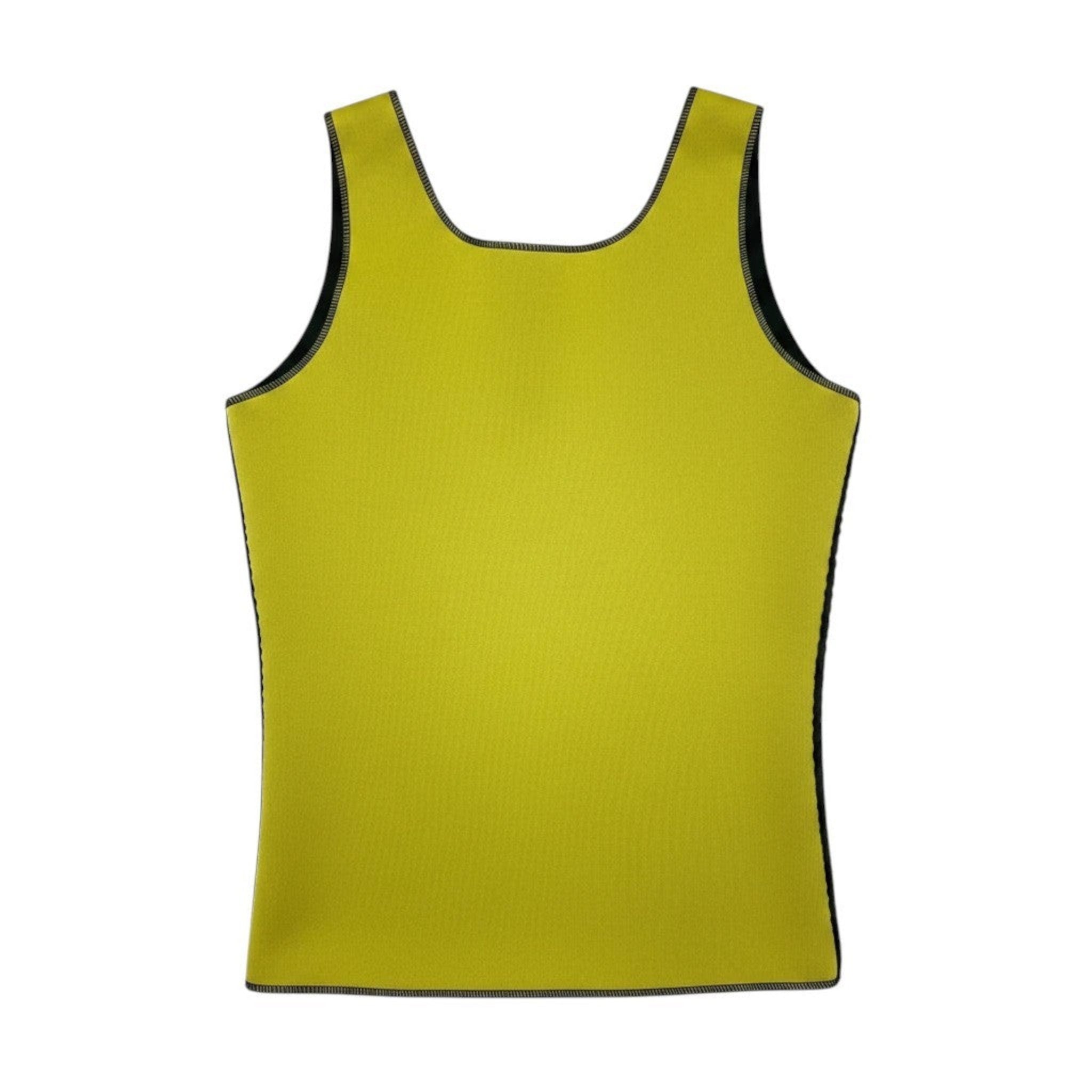 Stella's Corset Men's Neoprene Slimming Vest in bright yellow with black trim. High-waist, moisture-wicking, and compression for workouts.