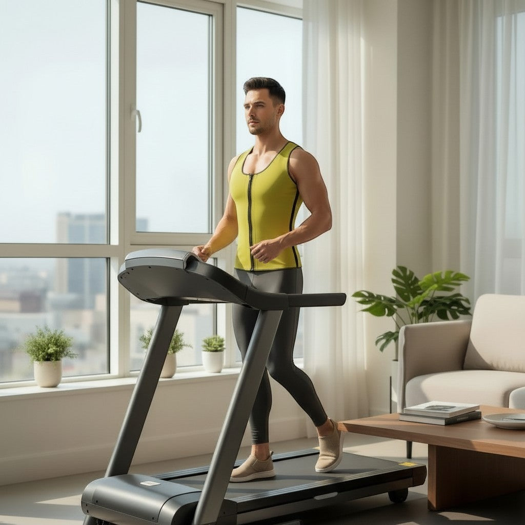 Stella's Corset Men's Neoprene Slimming Vest in lime green with front zipper, worn by a man exercising on a treadmill.