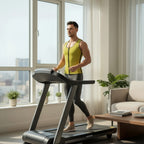 Stella's Corset Men's Neoprene Slimming Vest in lime green with front zipper, worn by a man exercising on a treadmill.