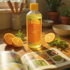 Stella's Corset Orange & Calendula Restorative Massage Oil, a clear yellow oil in a bottle with an orange label, surrounded by fresh oranges and mint.