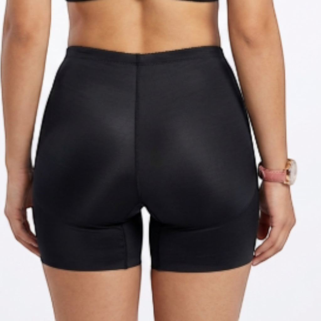 Stella's Corset black padded boxer shaper with dual-zone hip and butt enhancement and high-waisted tummy control.