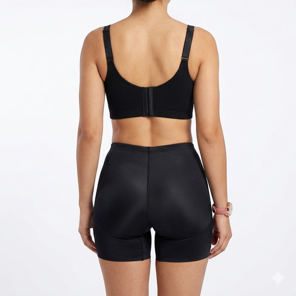 Stella's Corset black padded boxer shaper with dual-zone hip and butt enhancement, high-waisted tummy control, and seamless mid-thigh fit.