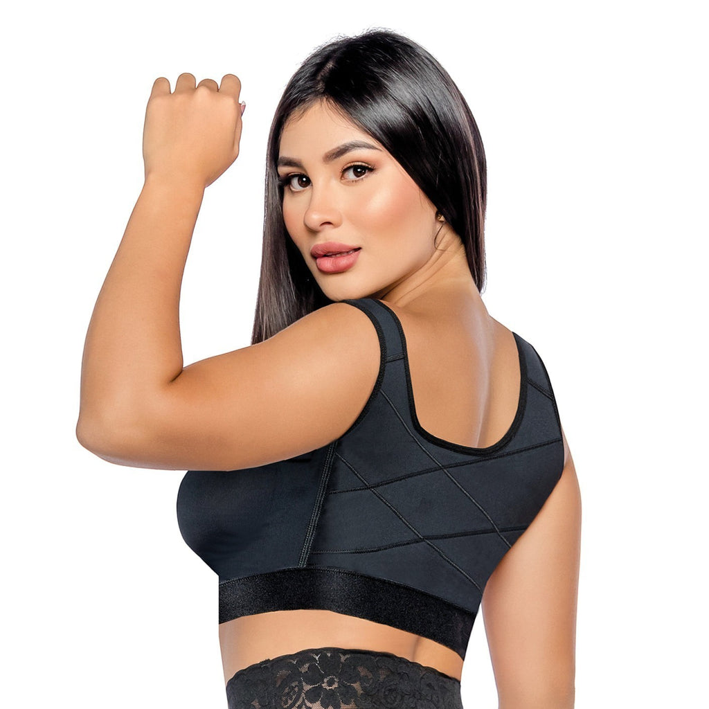 Stella's Corset black post-surgical compression bra with front closure and wide straps for support and posture correction.