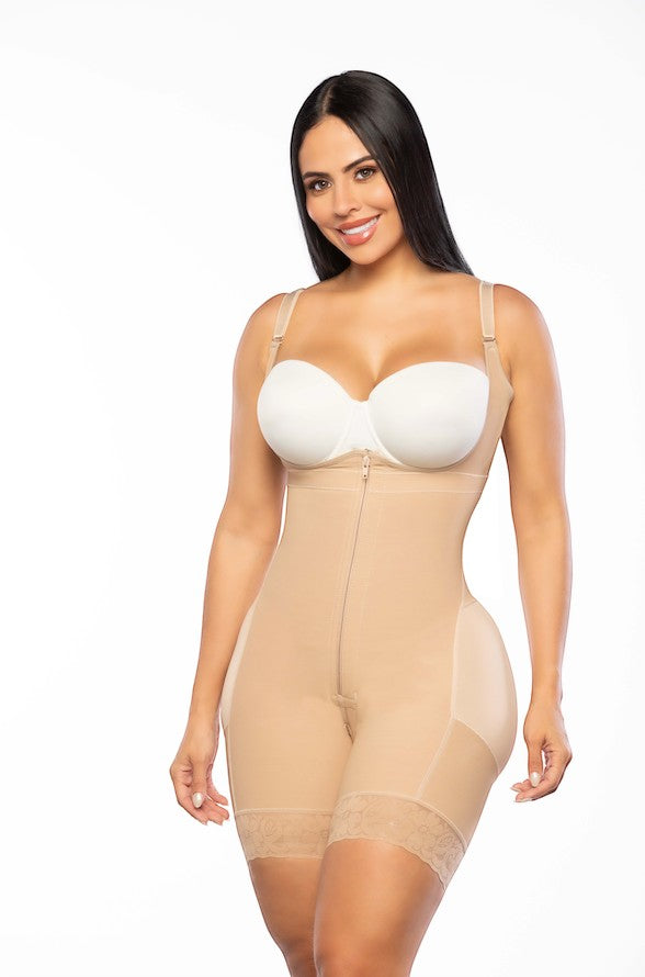 Stella's Corset beige PowerNet high-back shaping shorts with mid-thigh coverage and lace trim.