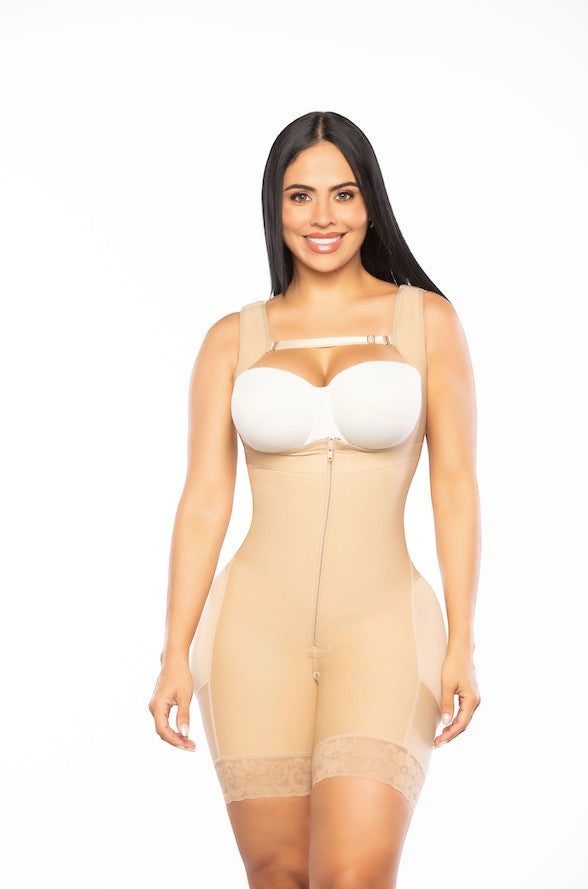 Stella's Corset beige powernet shorts with wide straps, zipper and hook-and-eye closure, and lace trim.