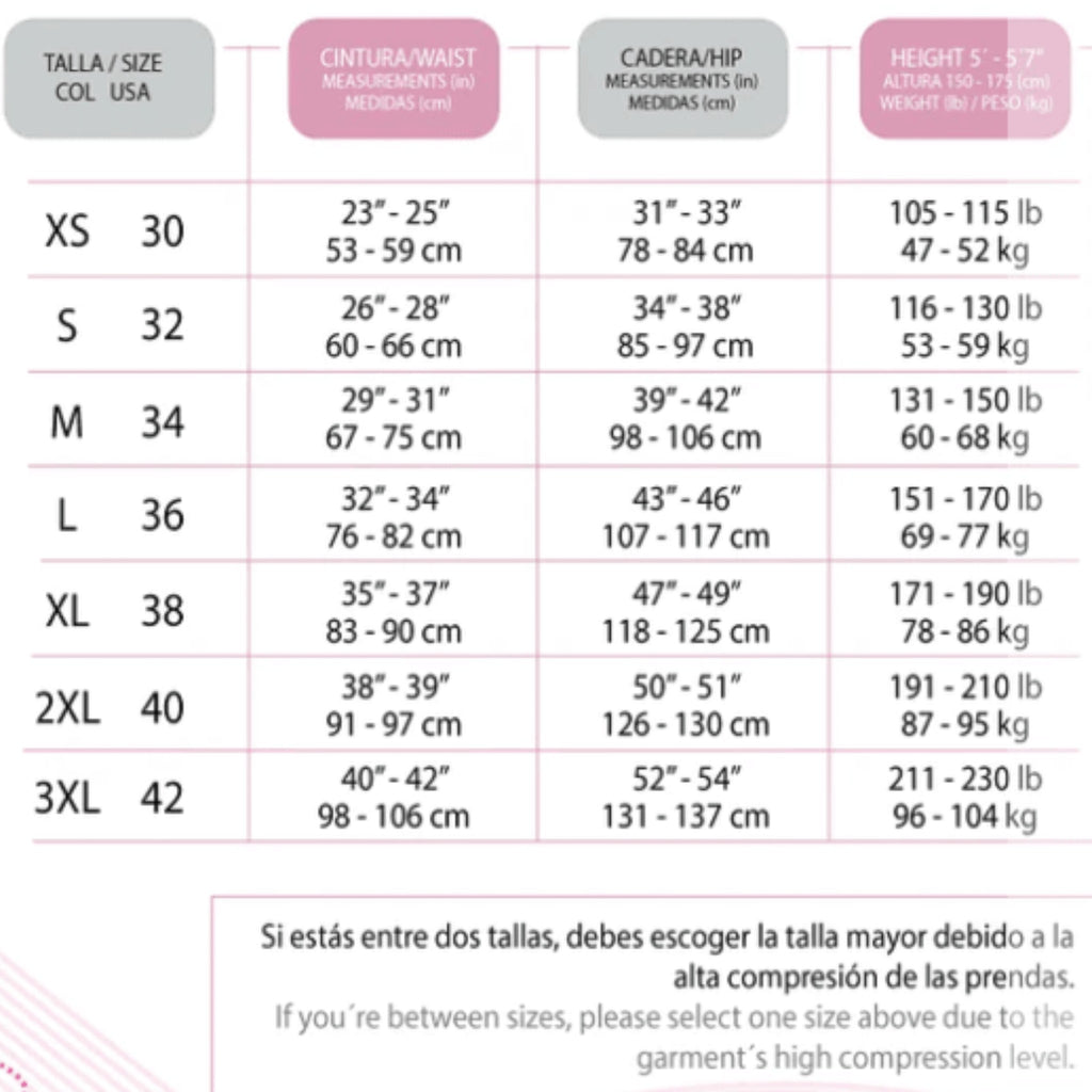Stella's Corset size chart showing US sizes, waist, hip, and height/weight measurements in cm and lbs/kg.