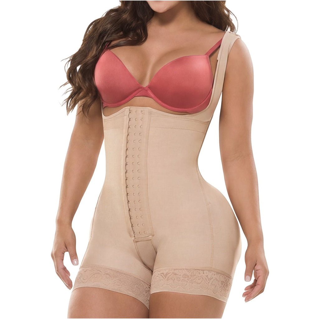 Stella's Corset Stage 2 post-surgery body shaper in beige Powernet Comfort fabric with hook-and-eye closure and lace trim.