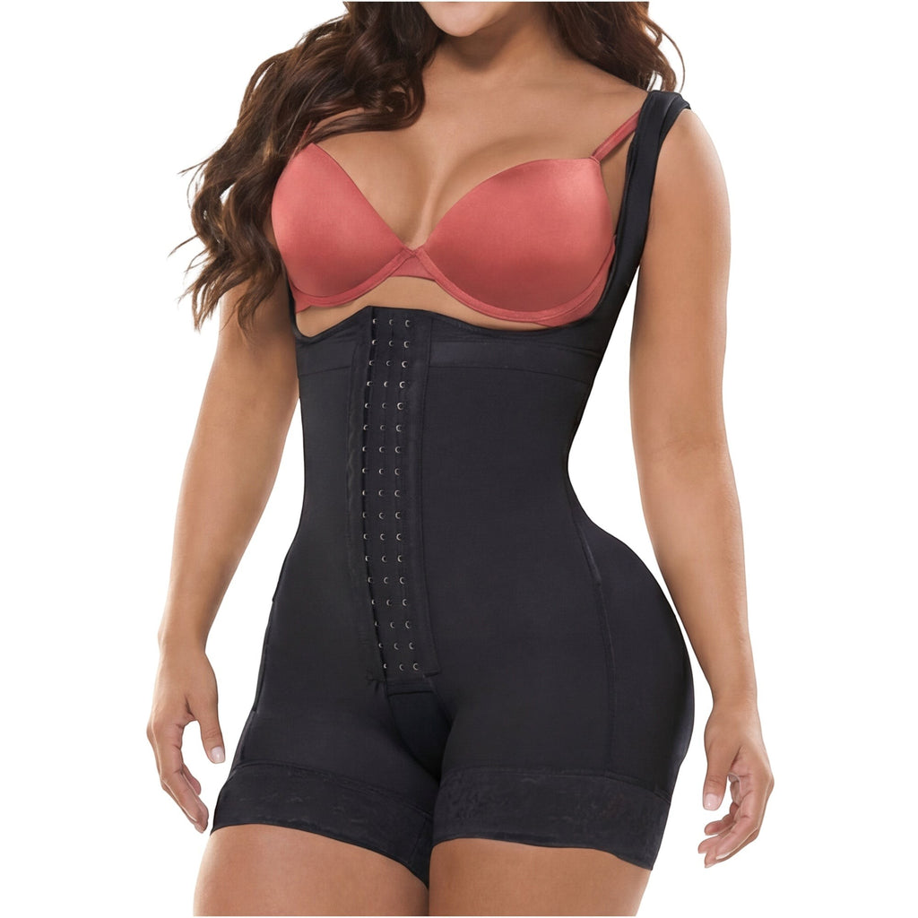 Stella's Corset black Stage 2 post-surgery body shaper with open-bust design and butt-lifting construction.
