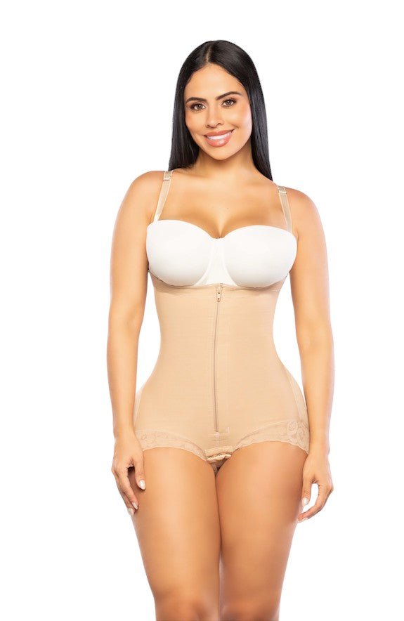 Stella's Corset beige strapless body shaper with silicone lace hem and front zipper. Lycra Cotton Flannel lining.