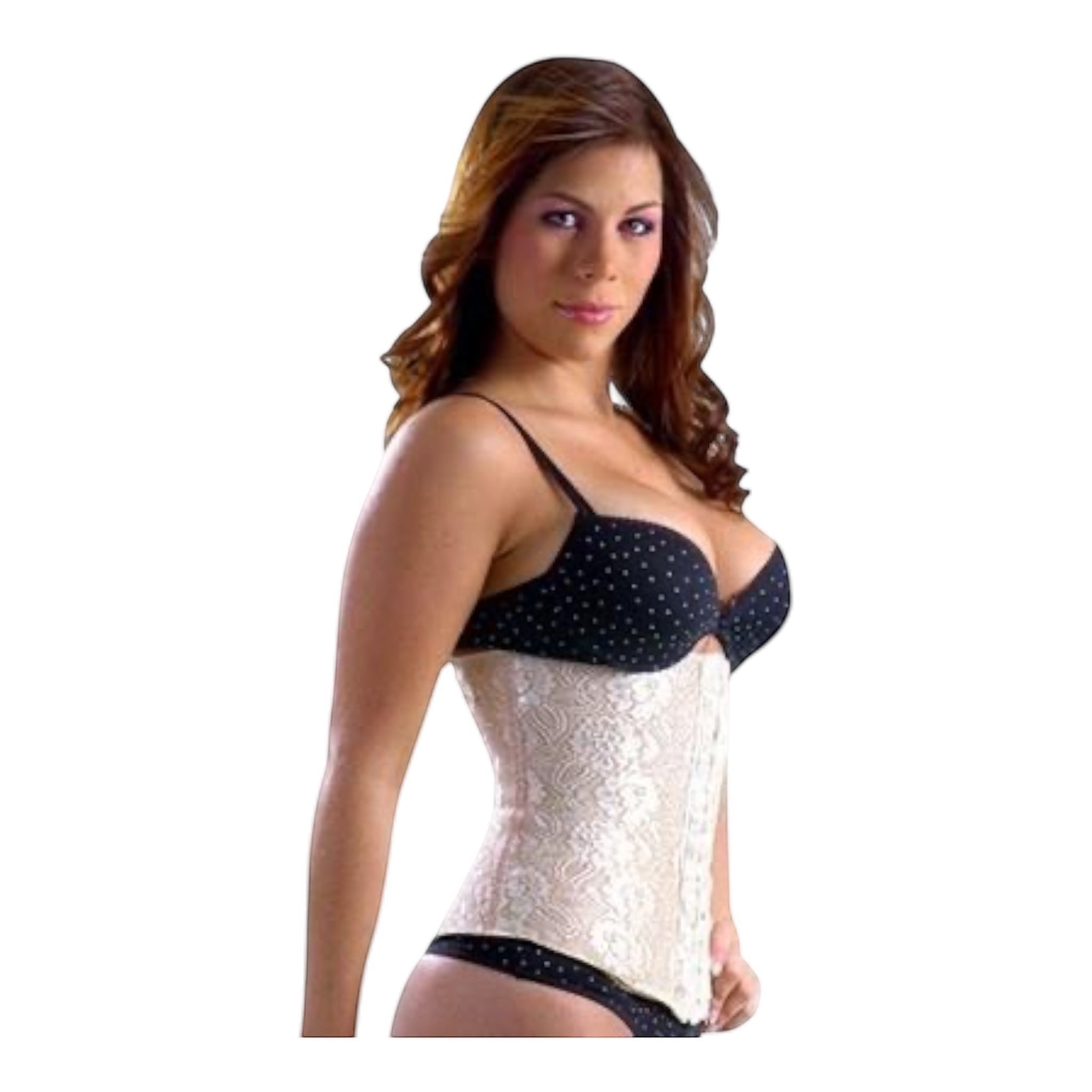 Stella's Corset beige lace over latex waist cincher corset with orthopedic support and adjustable hooks.