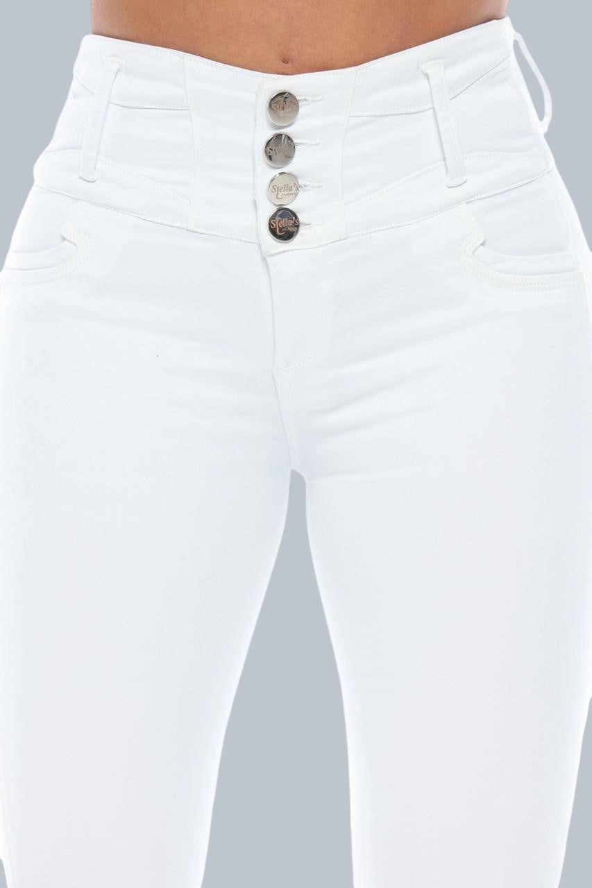 Stella's Corset white high-waisted butt lifter jeans with four button closure and heart stitching detail.