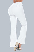 Stella's Corset white high-waisted butt lifter jeans with heart stitching and flared legs.