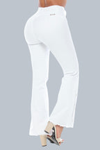 Stella's Corset white high-waisted butt lifter jeans with heart stitching and flared legs.