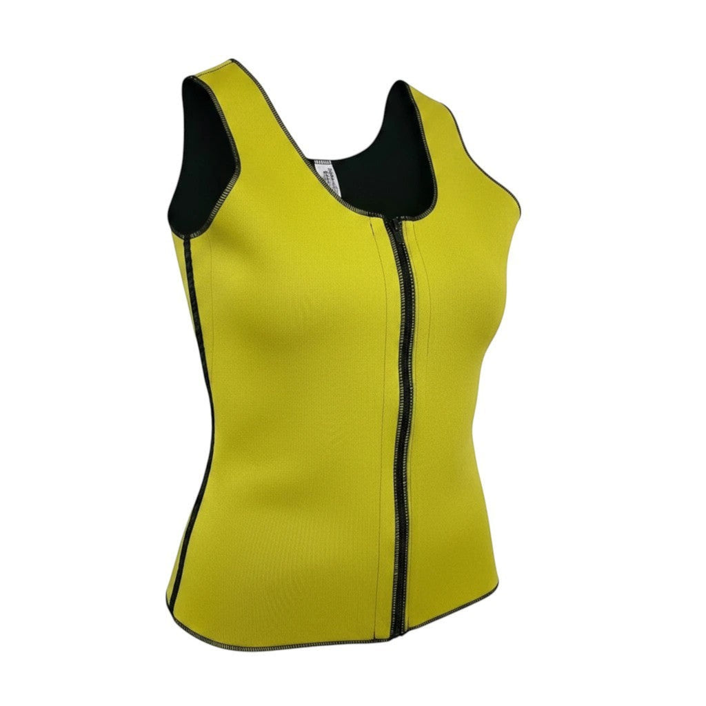 Stella's Corset yellow neoprene slimming vest with front zipper and black trim. Designed for workouts and sweat enhancement.
