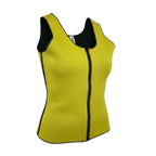 Stella's Corset yellow neoprene slimming vest with front zipper and black trim. Designed for workouts and sweat enhancement.